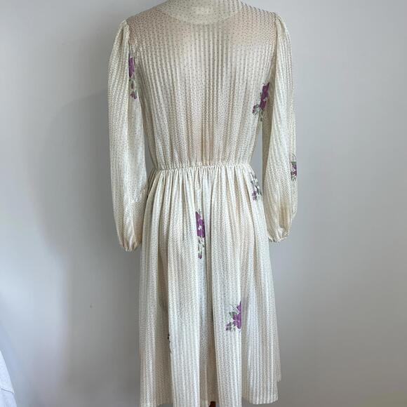 Vintage Mr. Edward S / M Cream Cottagecore Midi Dress Plunge V Neck Pleated Purp - Picture 5 of 10